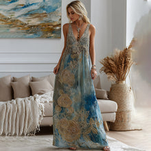 Load image into Gallery viewer, Vintage Marble Texture Collection Retro Bohemia Gradient Gilded And Rose Pattern Linen Maxi Dress