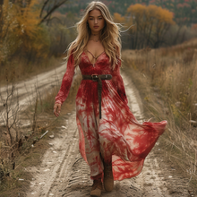 Load image into Gallery viewer, Women's Retro V-neck Linen Pastoral Halloween Style Long-sleeve Maxi Long Dress