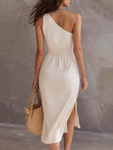 Load image into Gallery viewer, Off-the-shoulder Split-hem Cotton Linen Midi Dress