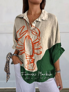 Women's Vintage Fish Lobster Art Print Casual Linen V-neck Shirt