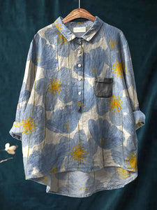 Women's Vintage Floral Pattern Art Print Casual Cotton And Linen Shirt