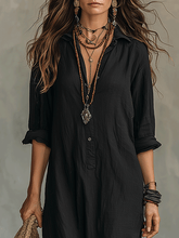 Load image into Gallery viewer, Black Button-Front Bohemian Shirt Maxi Dress