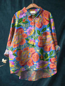 Women's Vintage Lovely Floral Art Print Casual Cotton And Linen Shirt