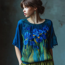 Load image into Gallery viewer, Oil Painting Irises Embroidered Flowy Linen Tunic