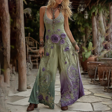 Load image into Gallery viewer, Vintage Classy Gradient Purple Lavender And Floral Embroidered Pattern Art Cotton Linen Jumpsuit