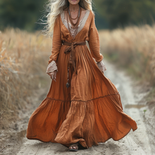 Load image into Gallery viewer, Women's Vintage Pastoral Style V-neck Linen Long-sleeve Maxi Long Dress