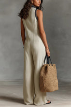 Load image into Gallery viewer, Linen blend sleeveless jumpsuit with zipper and embroidered stand-up collar