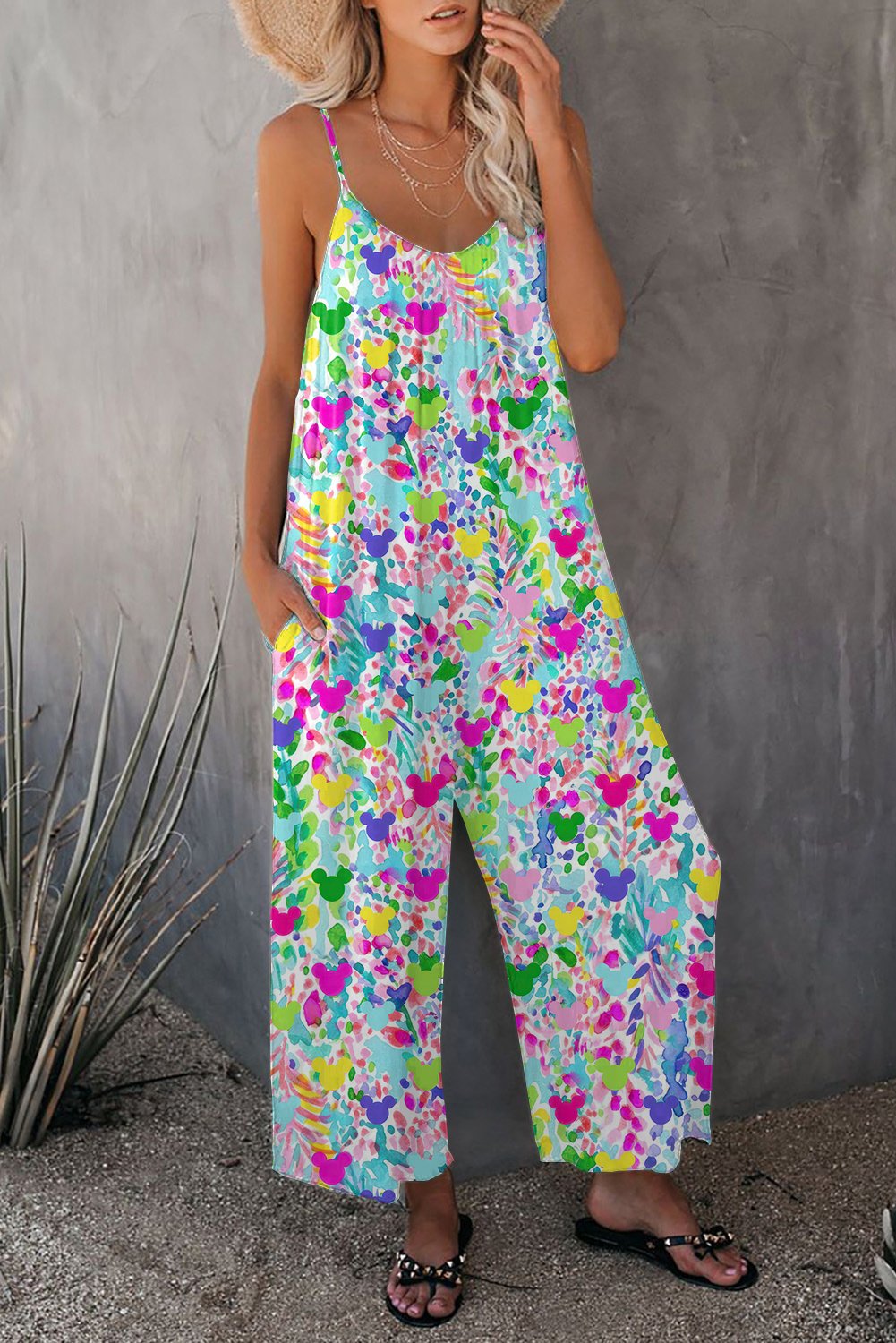 Vintage Cute Cartoon Print Wide leg Jumpsuit with Pockets