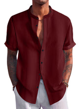 Load image into Gallery viewer, Men's Summer Stand Collar Vertical Stripe Jacquard Solid Color Short Sleeve Shirt