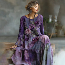 Load image into Gallery viewer, Vintage Bohemian Embroidered Floral Patchwork Linen Maxi Dress