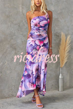 Load image into Gallery viewer, Deja Mesh Overlay Floral Print One Shoulder Ruched Stretch Maxi Dress