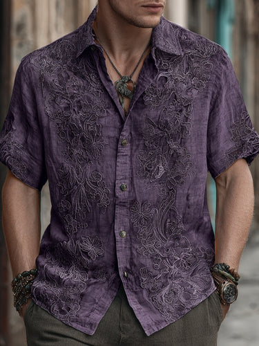 Men's Floral Lace Embroidered Vintage Linen Shirt