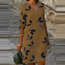 Load image into Gallery viewer, Women's printed linen short sleeve V-neck medium length dress