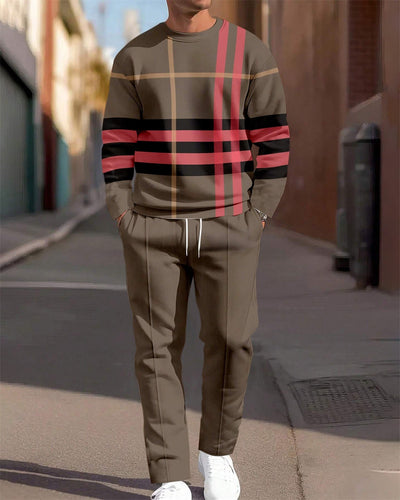 Men's Simple Colorblock Round Neck Casual Sports Set 0190