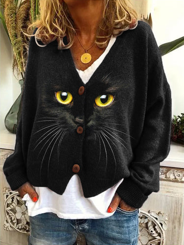 Black Cat Face Cozy Knit Cardigan