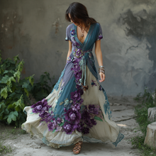 Load image into Gallery viewer, Vintage Gradient Purple Rose And Floral Embroidery Linen Short Sleeve Dress