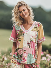Load image into Gallery viewer, Women's Holiday Embroidered Floral Patchwork T-shirt