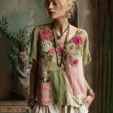 Load image into Gallery viewer, Vintage Pink Roses Patchwork Art Linen Casual Tunic