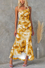 Load image into Gallery viewer, Deja Mesh Overlay Floral Print One Shoulder Ruched Stretch Maxi Dress