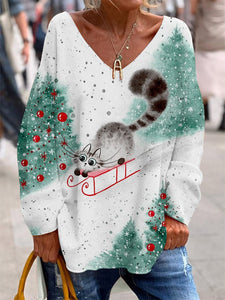 Women's Christmas Cute Cat Casual V-Neck Top