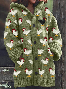 Vintage Rooster Pattern Cozy Knit Hooded Cardigan