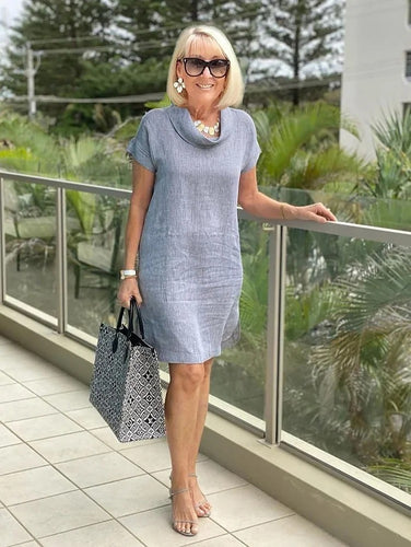 Pile Collar Short-sleeved Cotton and Linen Dress