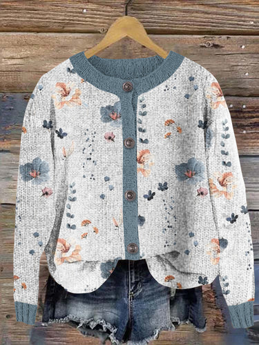 Floral Art Button Down Long Sleeve Sweater Cardigan