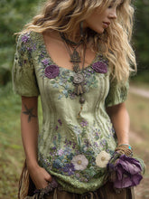 Load image into Gallery viewer, Classy Gradient Purple Lavender And Floral Embroidered Linen Short Sleeve T-shirt