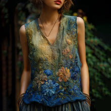 Load image into Gallery viewer, Vintage Oil Painting Floral Embroidered Contrast Flowy Linen Sleeveless Top