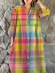 Women's Art Plaid Print Single Breasted Dress