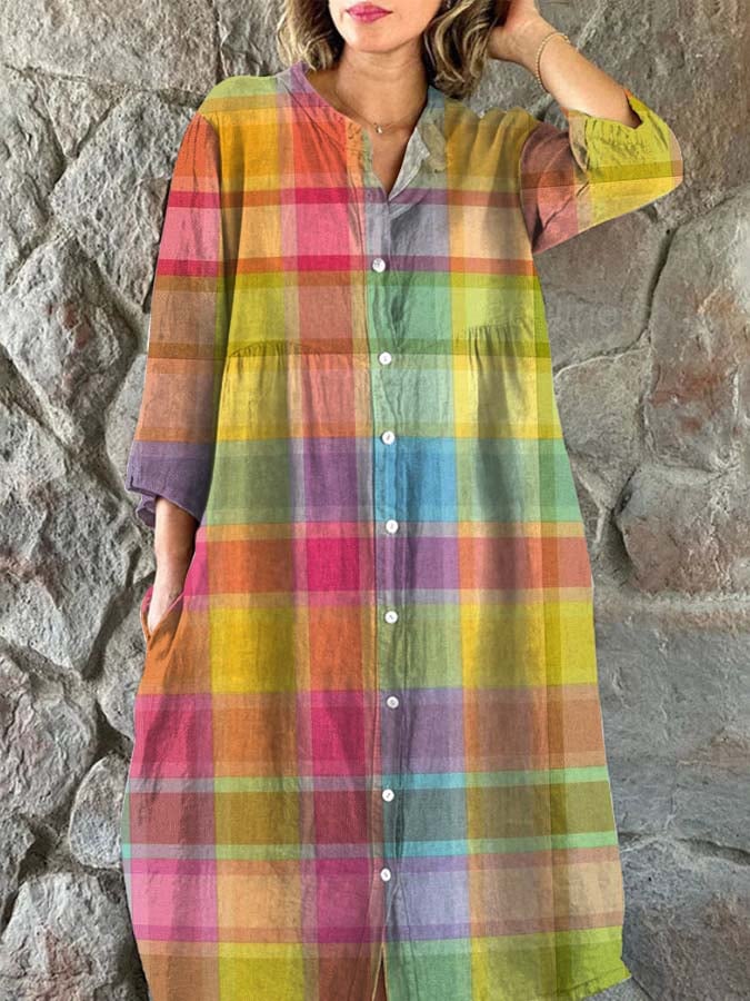 Women's Art Plaid Print Single Breasted Dress