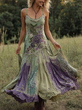 Load image into Gallery viewer, Vintage Classy Gradient Purple Lavender And Floral Embroidered Linen Suspender Long Dress