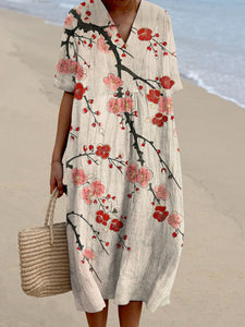 Vintage Plum Blossom Art Printed V Neck Casual Midi Dress