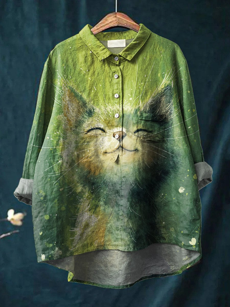 Vintage Lovely Cat Art Print Casual Cotton And Linen Shirt