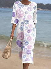 Load image into Gallery viewer, Women's Casual  Round Neck Mid Sleeve Print Cotton and Linen Dress