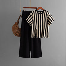 Load image into Gallery viewer, Casual Vertical Stripe Slit Top &amp; High Waist Solid Color Pants Two-Piece Set