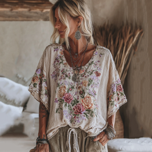 Load image into Gallery viewer, Vintage Floral Embroidered Linen Short Sleeve Shirt