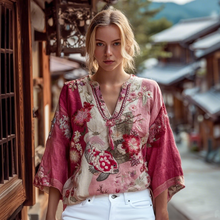 Load image into Gallery viewer, Vintage Pink Koi Floral Embroidery Linen Blend Shirt