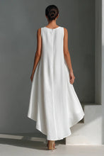 Load image into Gallery viewer, Women's White Linen Fabric Sleeveless Midi Dress With Round Neck &amp; Asymmetric Hem