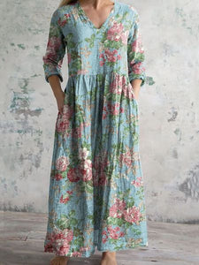 Retro Boho Floral Art Printed V-Neck Vintage Casual Long Sleeve Midi Dress