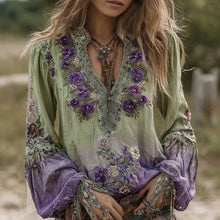 Load image into Gallery viewer, Vintage Classy Gradient Purple Pansy Embroidered Art Linen Long Sleeve Blouse
