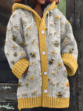 Load image into Gallery viewer, Daisy Bee Embroidery Art Print Cozy Knit Hooded Cardigan