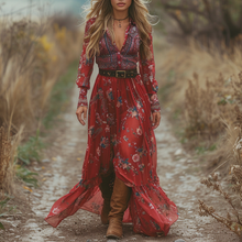 Load image into Gallery viewer, Women's Vintage V-neck Floral Bohemian Pastoral Style Long-sleeved Maxi Long Dress