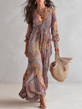 Load image into Gallery viewer, Vintage Paisley Print V neck Dress With Tie Waist