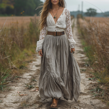 Load image into Gallery viewer, Women's Retro V-neck Country Pastoral Linen Style Long-sleeve Casual Maxi Long Dress