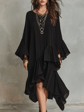 Load image into Gallery viewer, Elegant Asymmetric Ruffle Black Boho Midi Dress