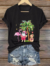 Load image into Gallery viewer, Women&#39;s Christmas Palm Tree Flamingo Print V-Neck T-Shirt