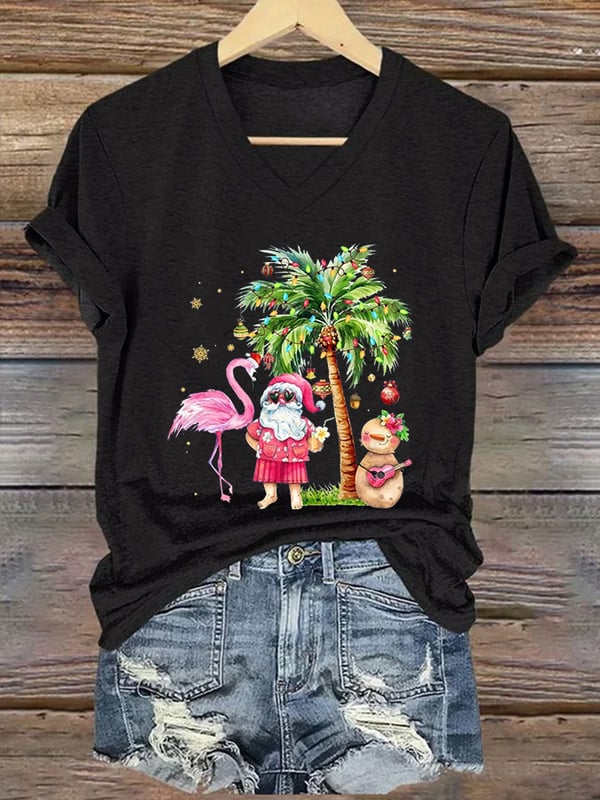 Women's Christmas Palm Tree Flamingo Print V-Neck T-Shirt