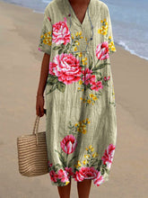 Load image into Gallery viewer, Women's Seaside Vacation V-Neck Elegant Retro Rose Flower Pattern Cotton and Linen Dress