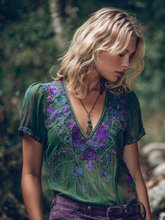 Load image into Gallery viewer, Vintage Purple Rose Embroidery Linen V Neck T-shirt